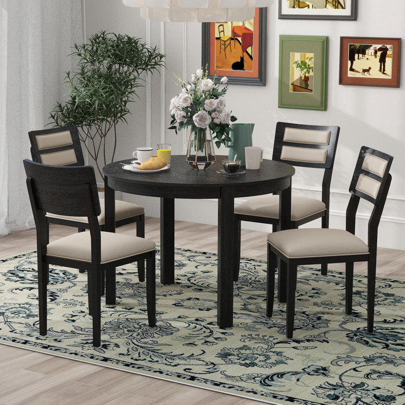 Red Barrel Studio 5 Piece Dining Table Set with Extendable Round Table and 4 Upholstered Dining Chairs Red Barrel Studio Table Top Color Black Table